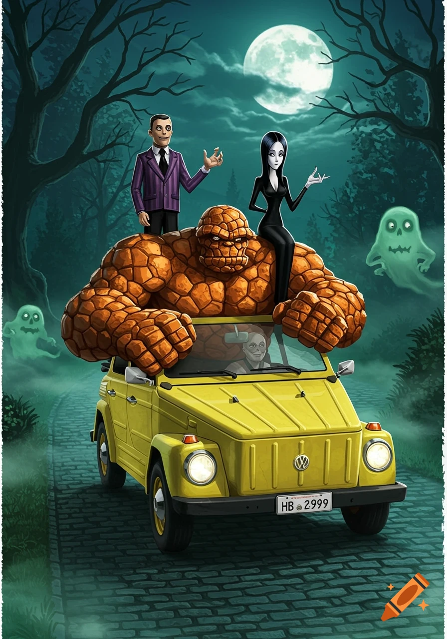 Cartoon The Thing drives a yellow VW Thing with Gomez and Morticia Addams in a spooky forest with ghosts.