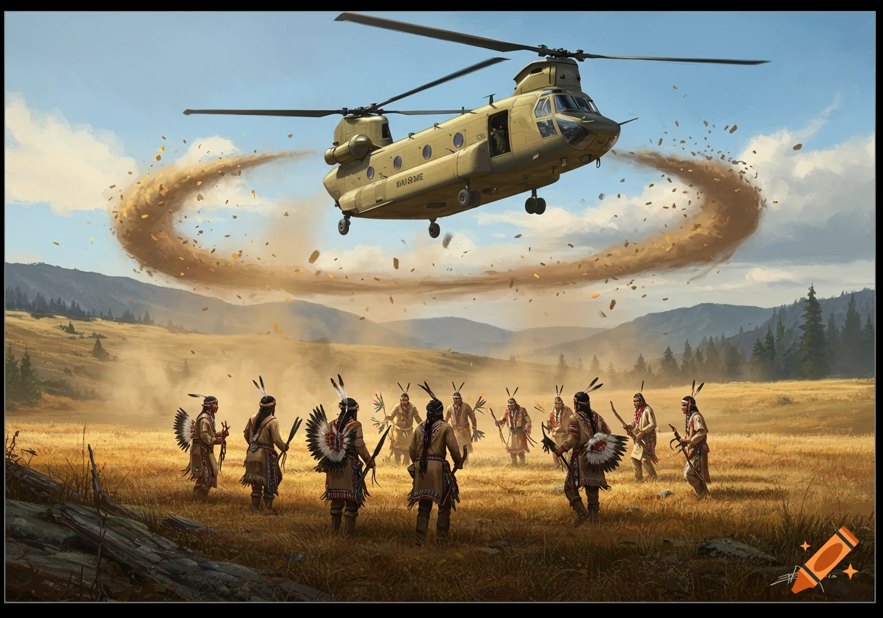 A Chinook helicopter hovers low, stirring dust over Native American warriors in traditional attire in a golden field. Digital painting.