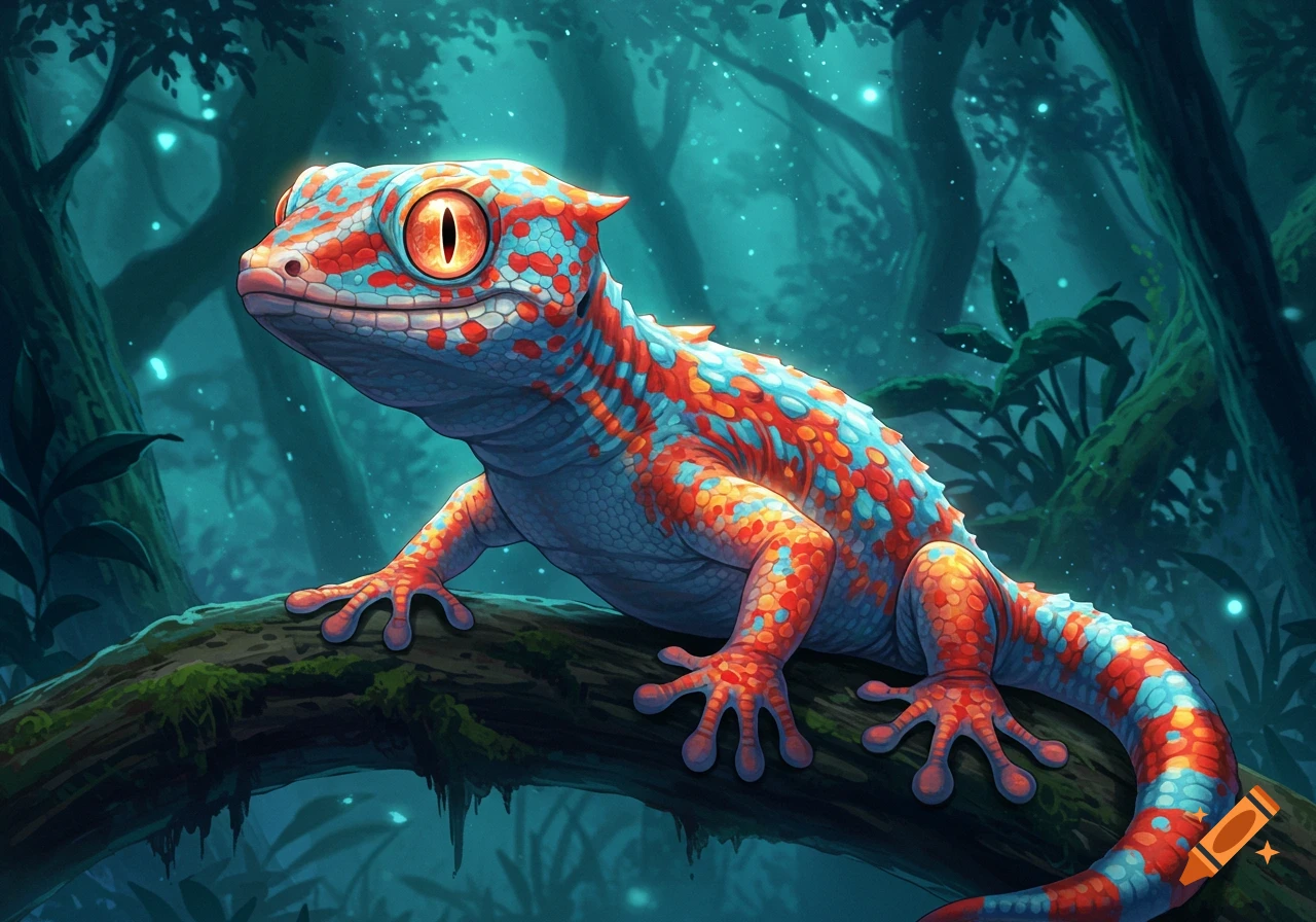 A vibrant blue and orange tokay gecko with large eyes sits on a mossy branch in a luminous, dark anime-style forest.