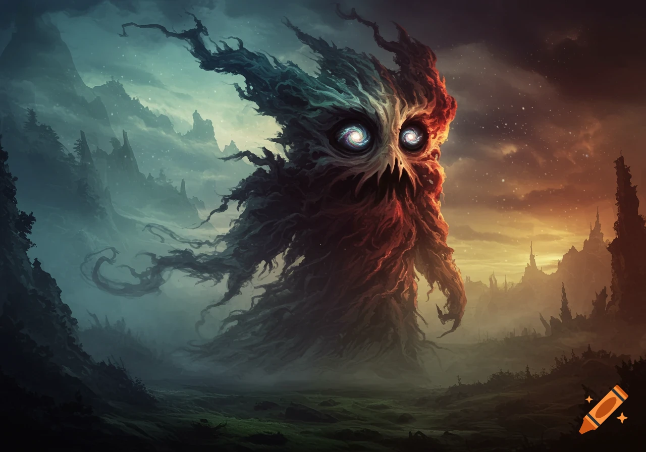 Abstract monster with glowing spiral eyes, made of swirling blue-green and fiery orange tendrils, in a dramatic, misty landscape.