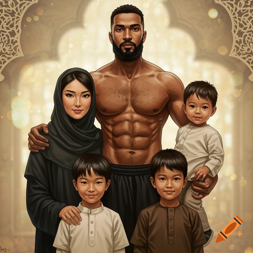 Digital illustration of a diverse Muslim family: a muscular, bearded man, a woman in hijab, and three young sons, against an ornate Islamic background.