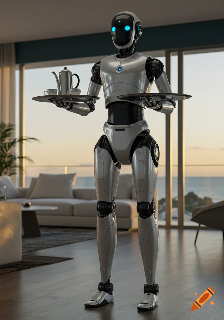 Photorealistic image of a sleek, silver and black robot butler with glowing blue eyes, holding two trays in a modern apartment with an ocean view.