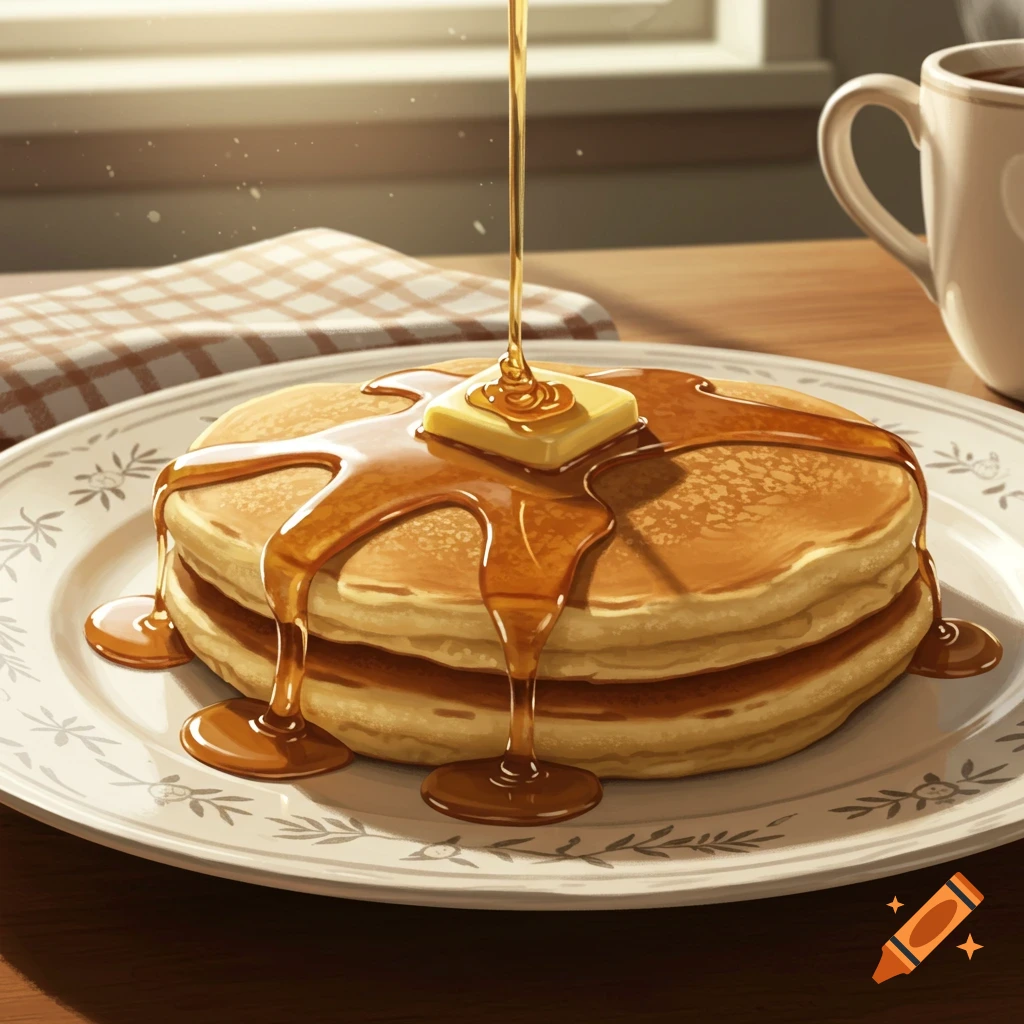 Illustrative image of golden pancakes with melting butter and syrup on a floral plate, with a coffee cup in the background.