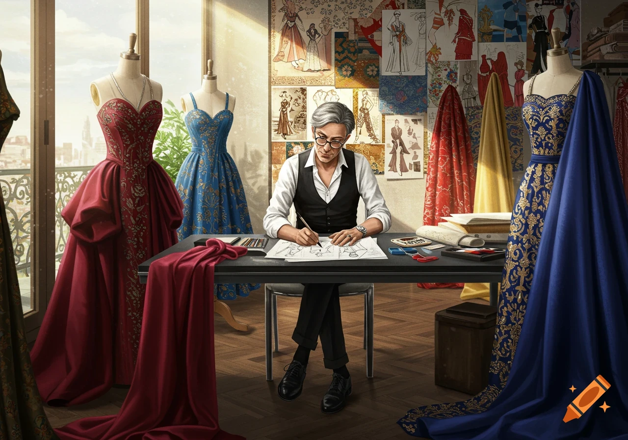 A fashion designer sketches at a desk surrounded by mannequins displaying elaborate dresses and fashion sketches on the wall.