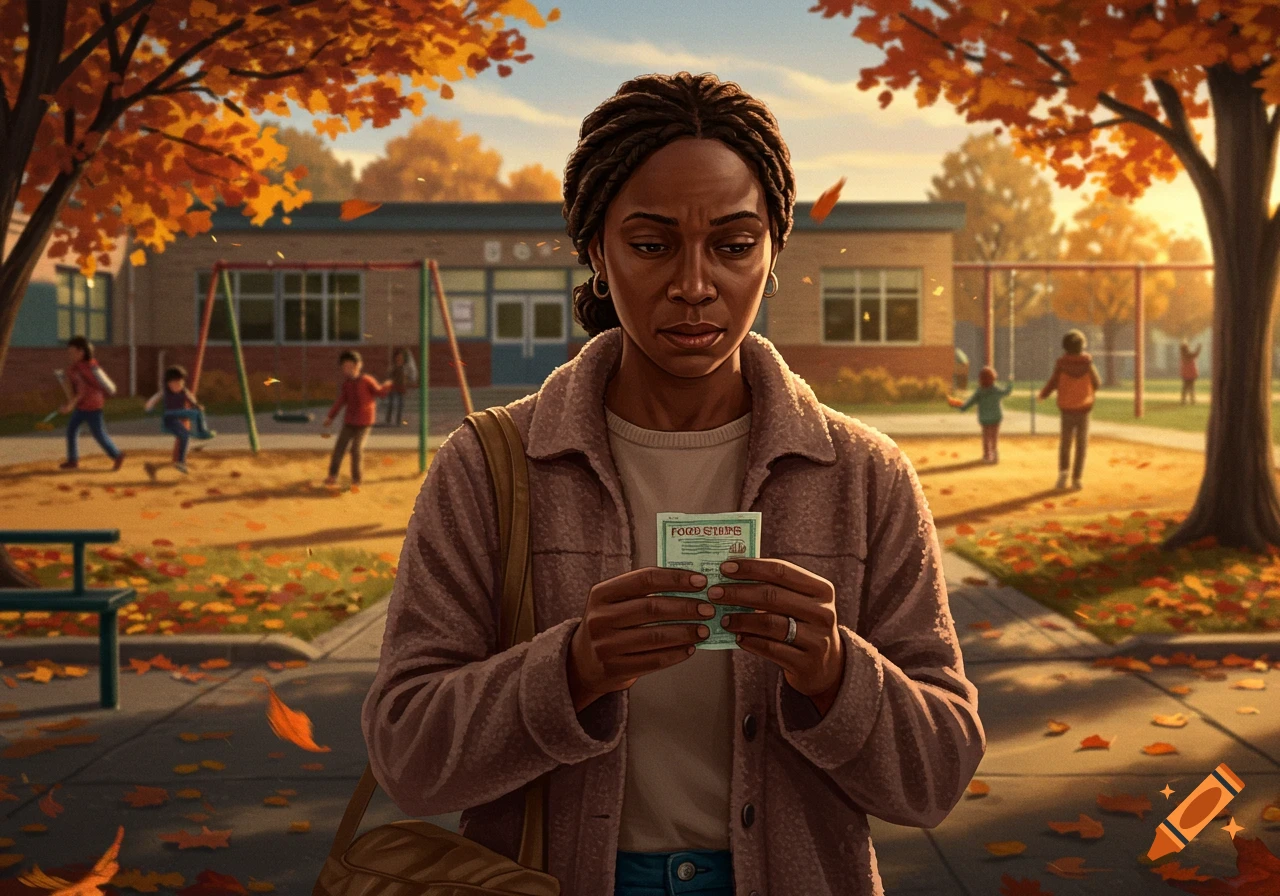 A distressed Black woman holds food stamps in a schoolyard with children playing amidst autumn leaves, photorealistic style.