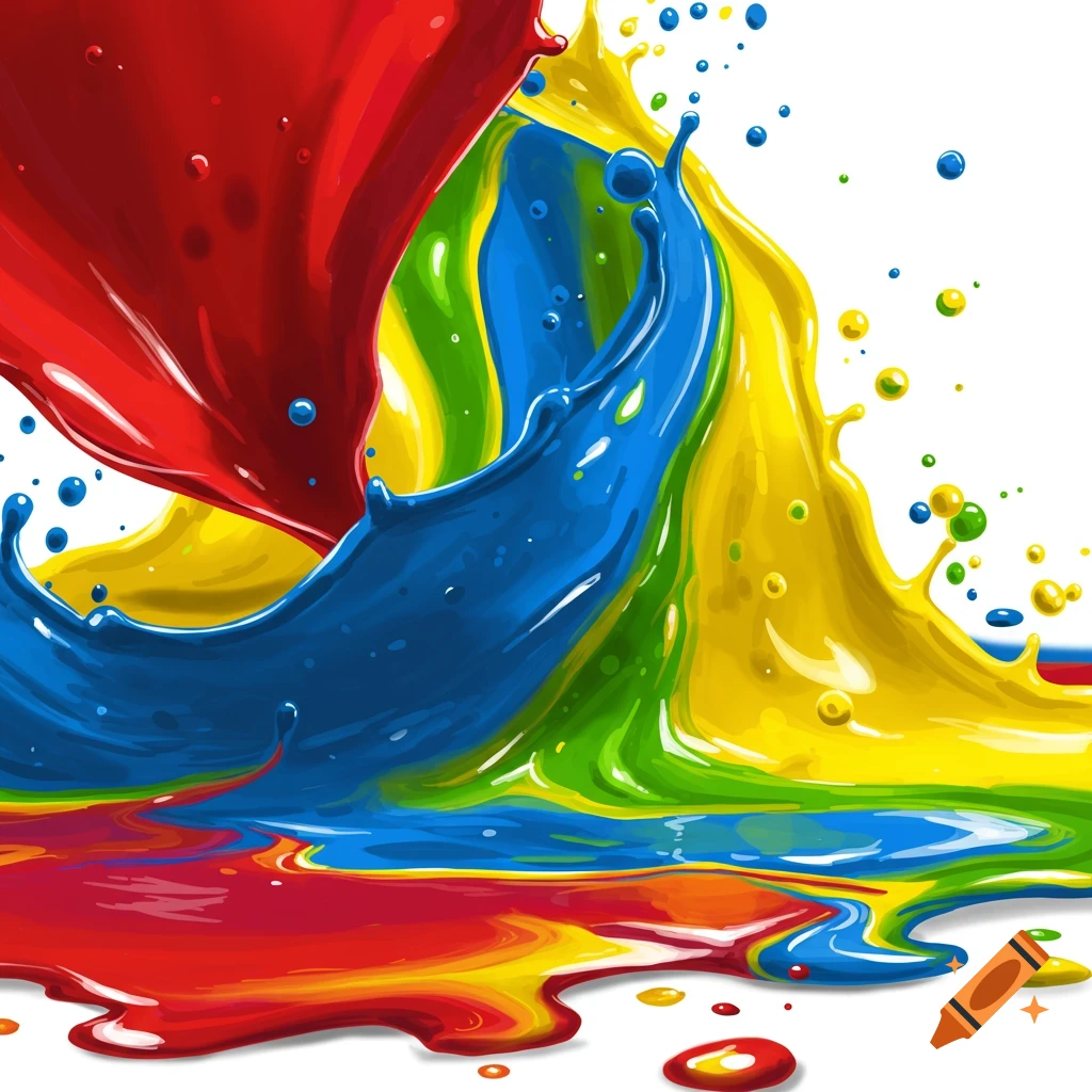 Vivid red, blue, yellow, and green paint splashes and spills, creating abstract colorful liquid forms.
