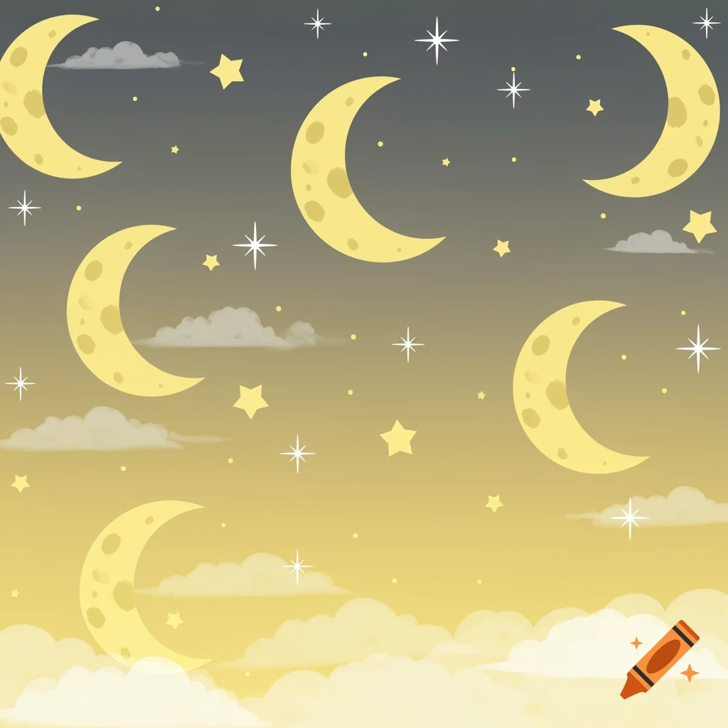 A stylized illustration of multiple crescent moons, stars, and clouds in a sky transitioning from dark grey to yellow.