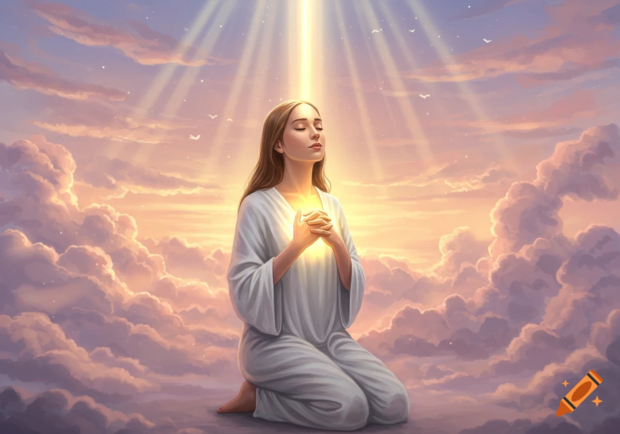 Illustrative image of a woman kneeling in prayer amidst clouds, with divine light beaming down and glowing from her heart.