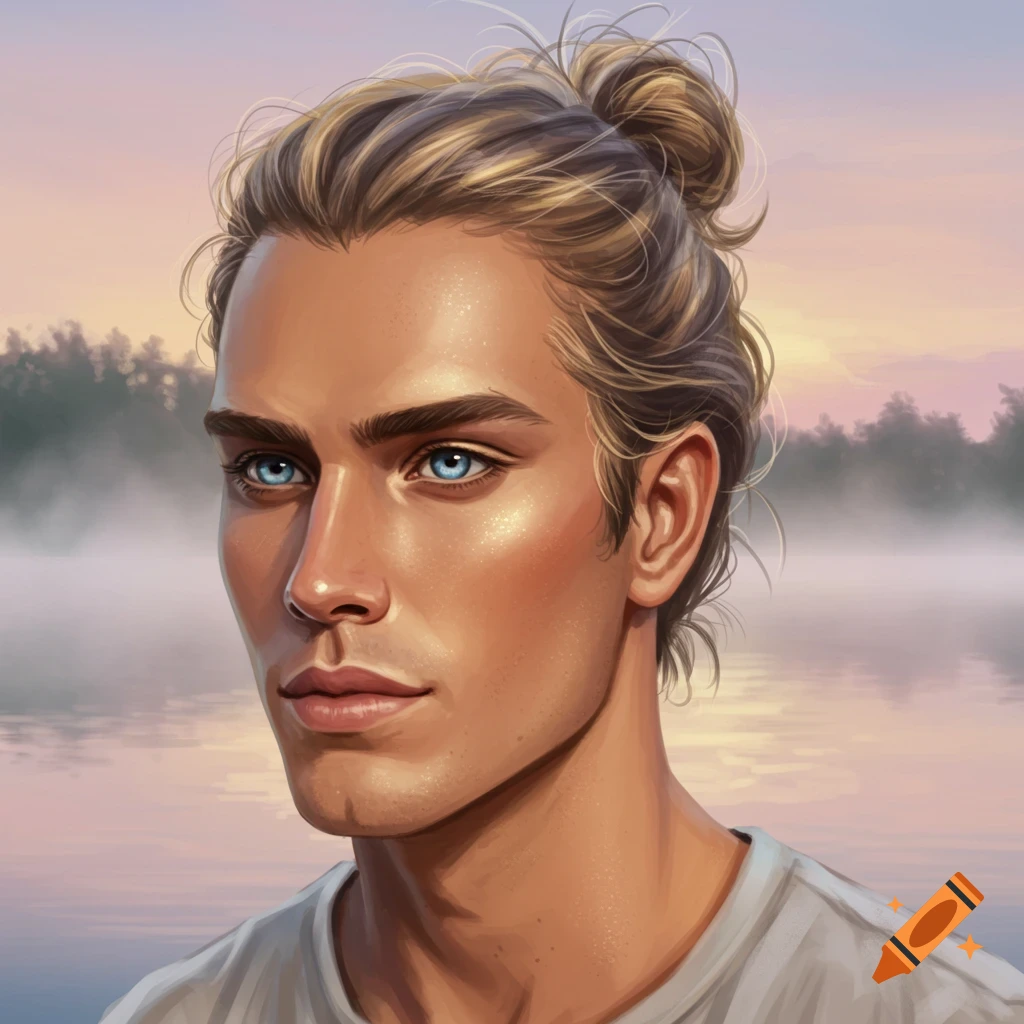 Stylized portrait of a young man with blond hair in a messy bun, blue eyes, and golden complexion, by a misty lake at sunset.