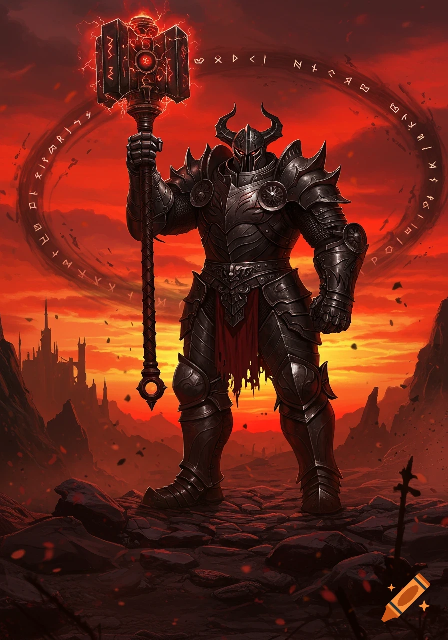A dark knight in elaborate black armor holds a glowing red hammer against a fiery red sky, with a gothic castle and ruins in the background.