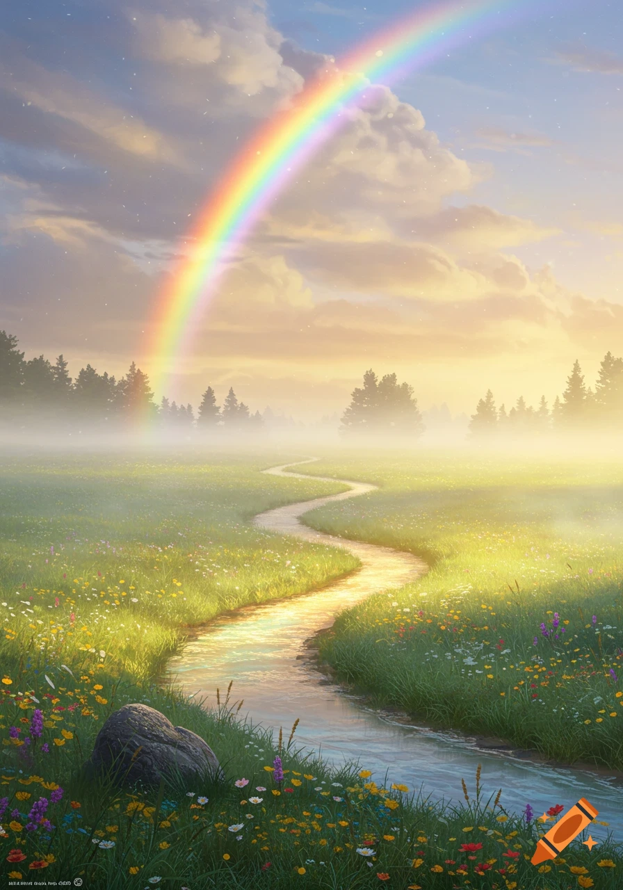 A vibrant, dreamy landscape with a rainbow arching over a winding river through a flower-filled meadow at sunrise.