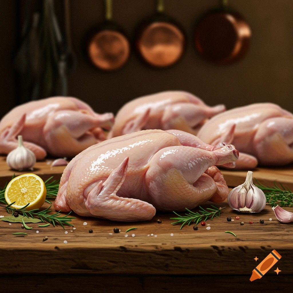 Photorealistic image of raw whole chickens on a wooden table with garlic, lemon, and fresh herbs in a kitchen setting.