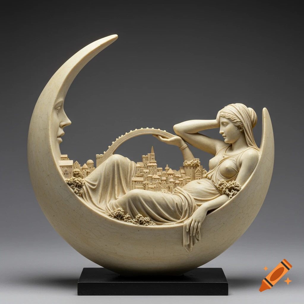 Detailed beige sculpture of a woman lying in a crescent moon, with a miniature city emerging from her body.