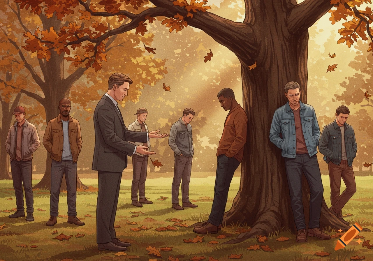 An illustration of a group of diverse men in an autumn park, some looking down or leaning against a large tree, appearing somber or contemplative.