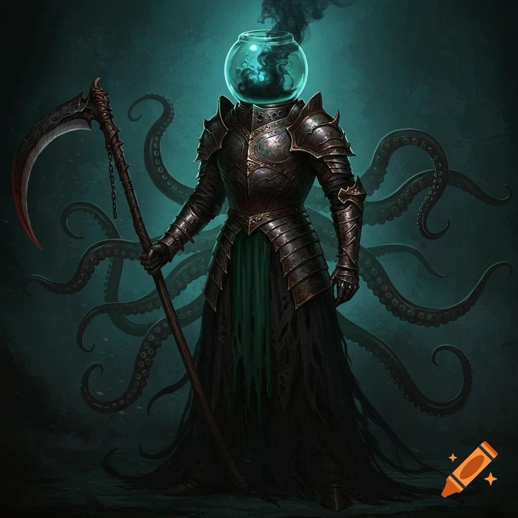 A dark fantasy armored figure with a fishbowl helmet filled with black smoke, holding a scythe, and tentacles emerging from its back.