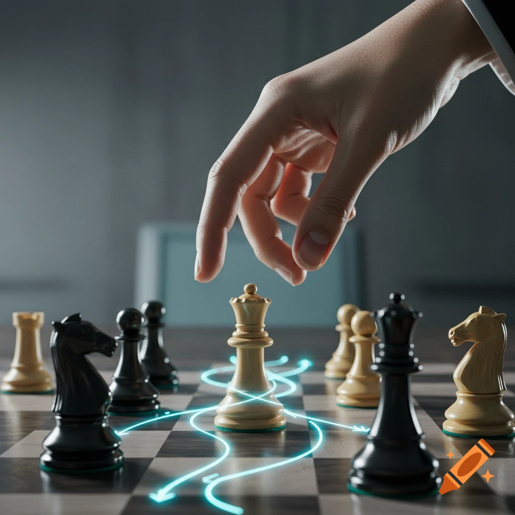 A human hand poised over a chessboard with glowing blue lines connecting the pieces, illustrating strategic thought.