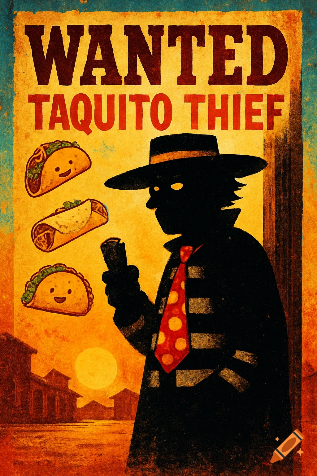 A stylized wanted poster for a 'Taquito Thief' featuring a silhouetted figure in a hat and coat with a polka-dot tie, next to three smiling cartoon tacos. The background is a desert town at sunset.