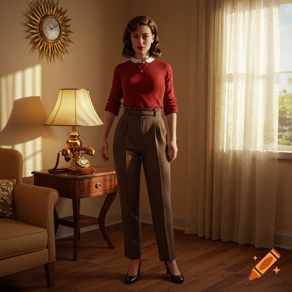 A realistic full-body portrait of a woman in a red sweater and brown slacks standing in a 1950s-style room.