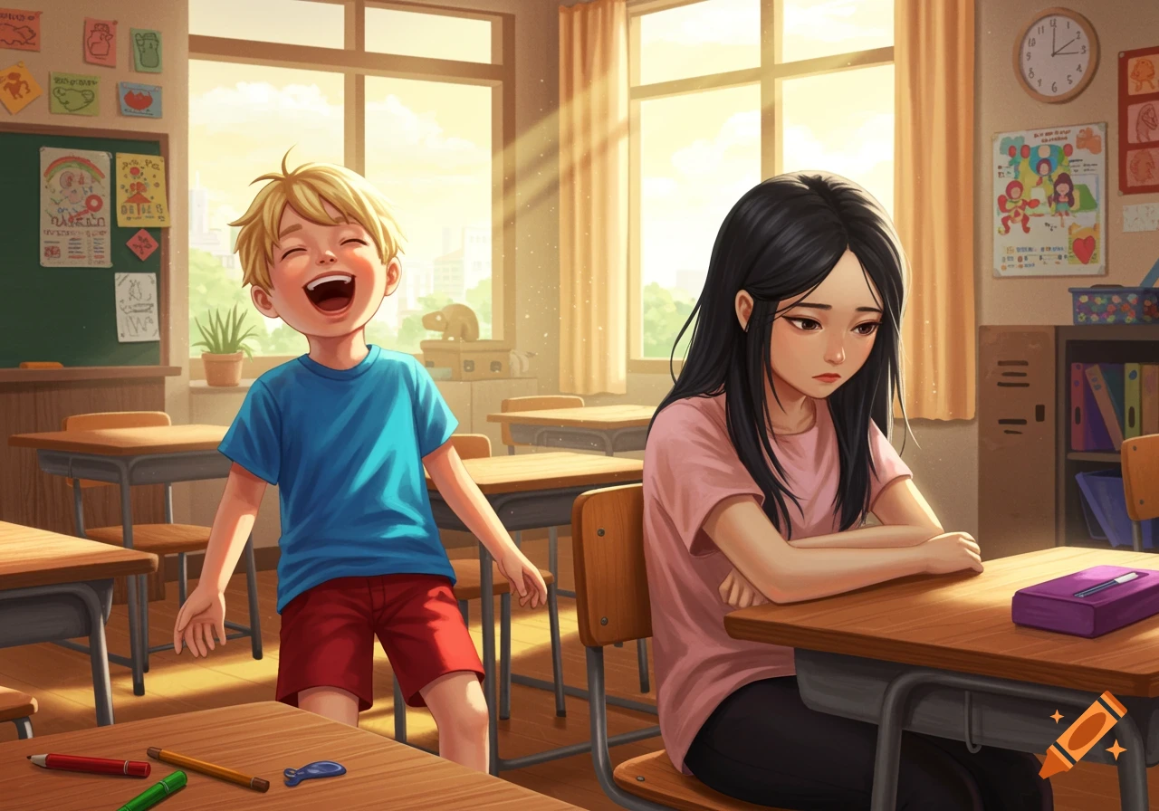 Illustrative scene of a laughing boy and a sad girl in a sunny classroom.