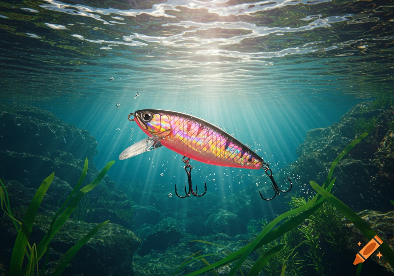 A vibrant fishing lure suspended underwater with sunlight rays filtering through the surface and aquatic plants below.