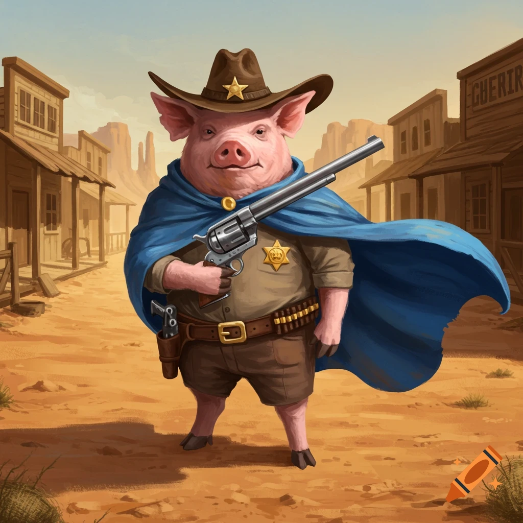 A cartoon pig dressed as a sheriff with a blue cape and a cowboy hat, holding a revolver in a Wild West town.