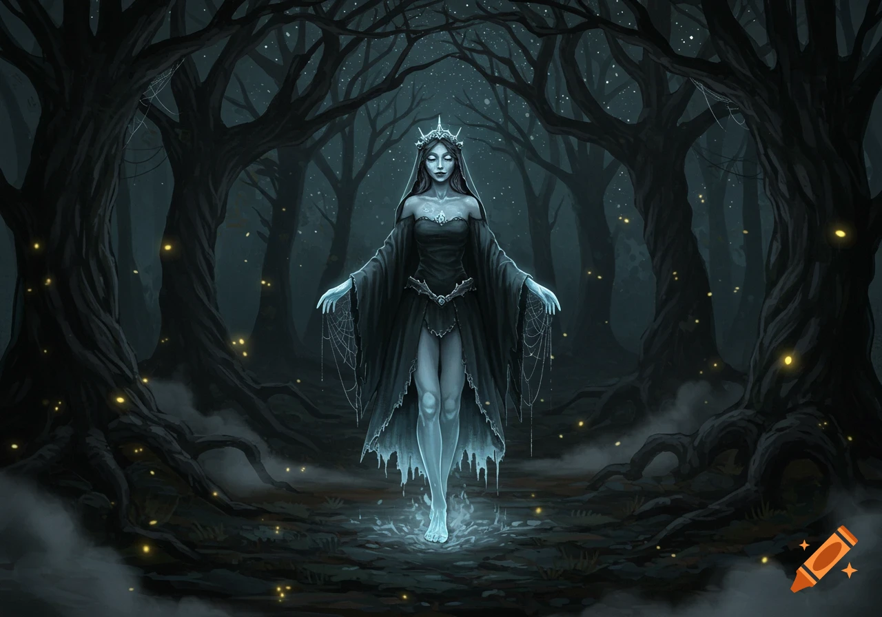 An ethereal queen with a crown and flowing dark dress floats in a dark, gnarled forest with glowing elements.