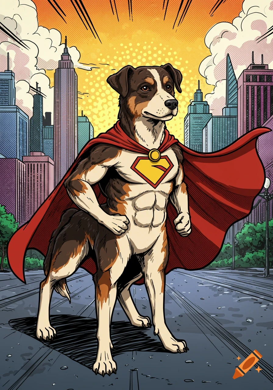 A bipedal dog superhero in a red cape and emblem stands heroically on a city street in comic book art style.