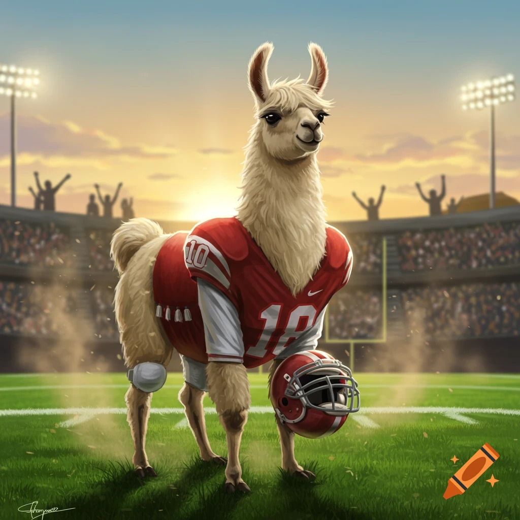 A cartoon llama wearing a red football uniform with the number 10, standing on a football field in a stadium at sunset, holding a helmet.