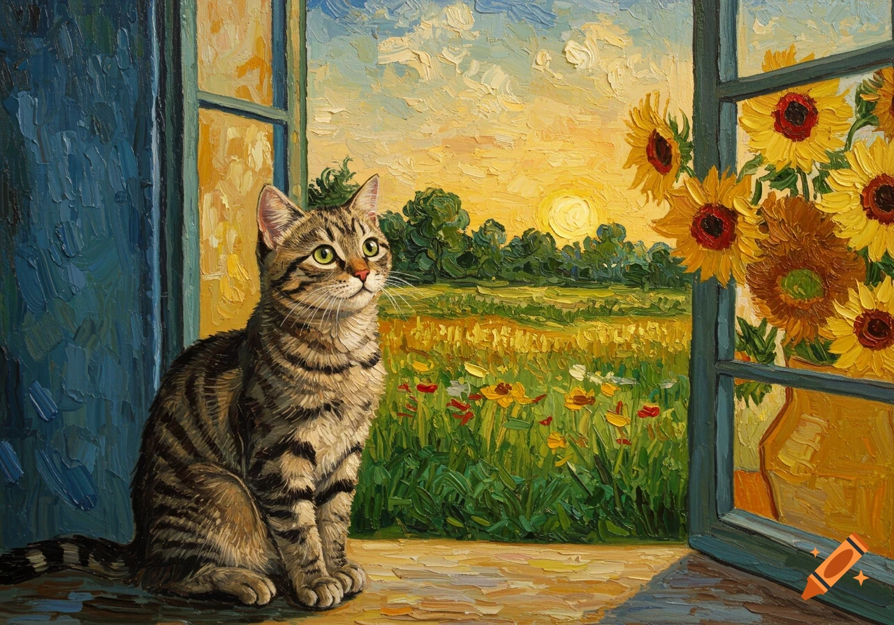 Tabby cat by an open window, looking at a sunny field with sunflowers, in Van Gogh's impasto painting style.