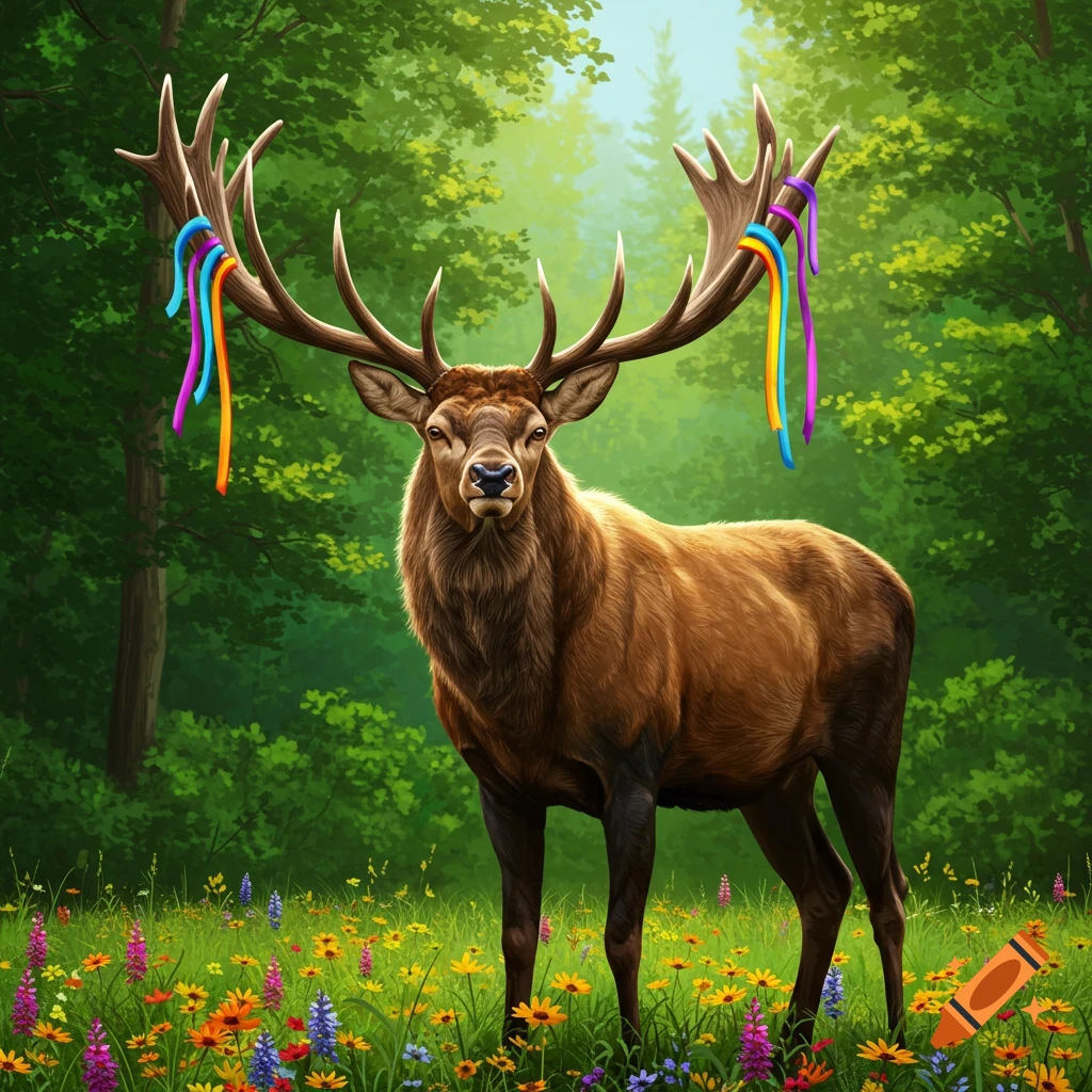 A proud elk with large antlers adorned with rainbow ribbons stands in a colorful wildflower meadow in a sunlit forest, digital art.