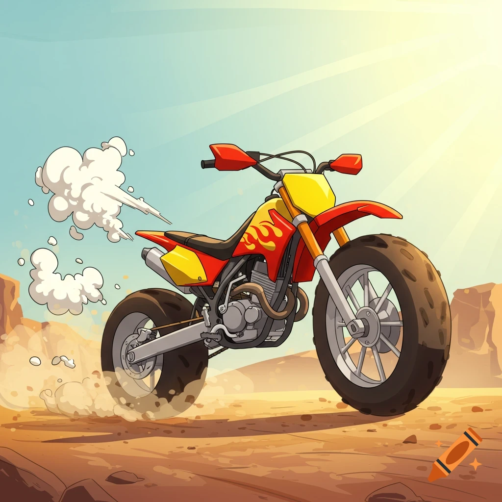 A cartoon red and yellow dirtbike races across a dusty desert landscape under a sunny sky, kicking up dirt and smoke.