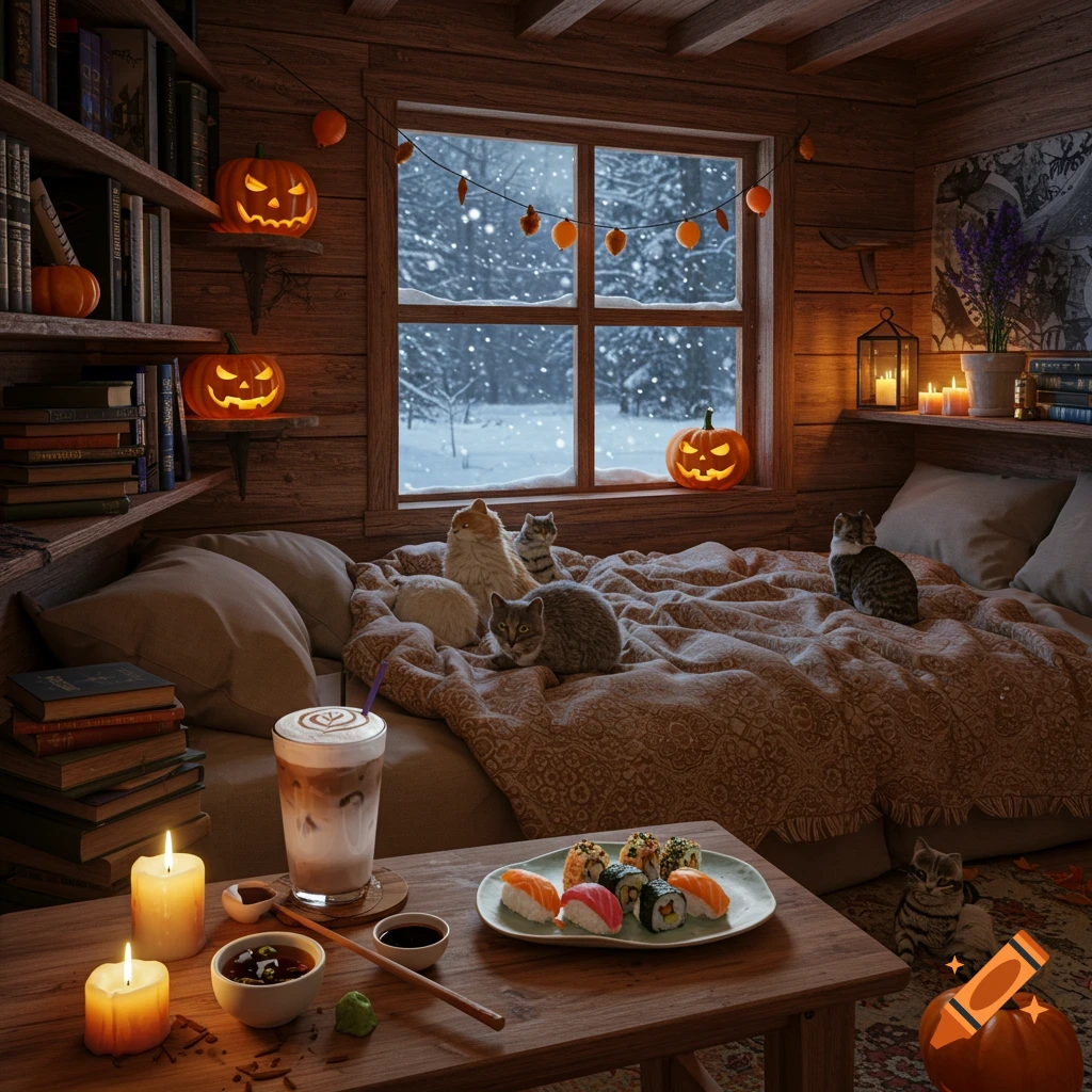 Cozy cabin room with cats on a bed, jack-o'-lanterns, bookshelves, and snow falling outside the window. A table holds sushi and an iced latte.