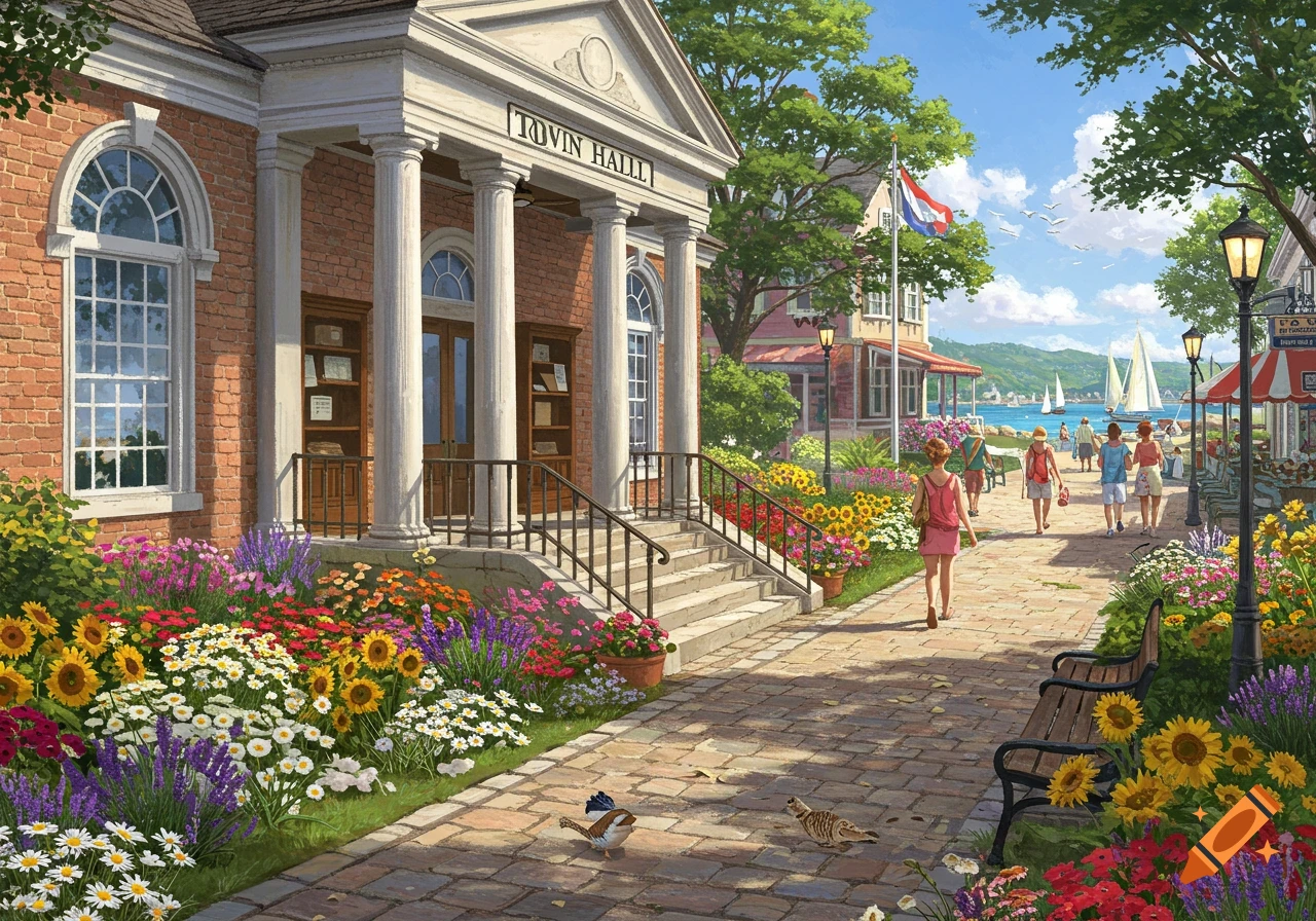 A vibrant, sunny painting of a seaside town, with 'Tovin Hall' building amidst colorful flowers, people strolling, and sailboats on the sea.
