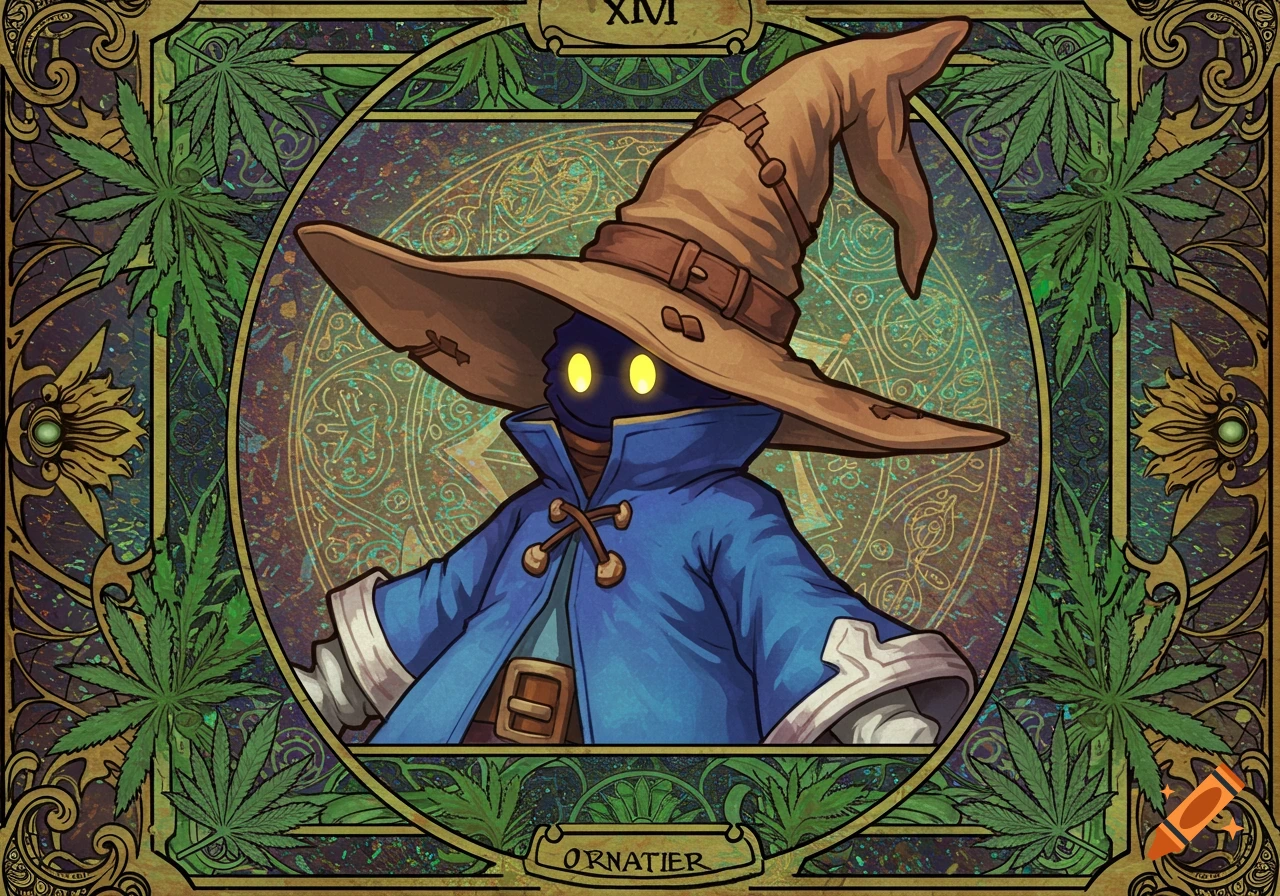 Art Nouveau style tarot card of Vivi Ornitier from Final Fantasy IX, framed by cannabis leaves and gold ornamentation.