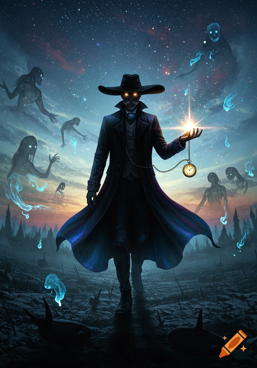 Dark fantasy illustration of a mysterious man in a hat and coat with glowing eyes, holding a light and pocket watch, surrounded by glowing spirits under a starry sky.