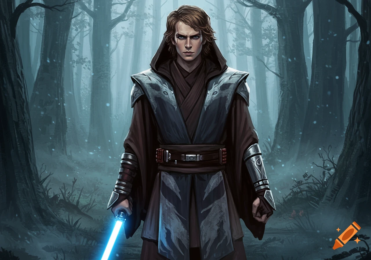 Anakin Skywalker in wolf-themed Jedi robes, holding a blue lightsaber in a dark, misty forest.
