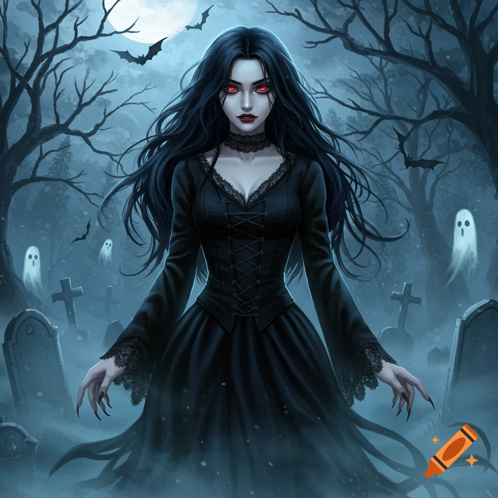 A pale vampire woman with red eyes and black gothic dress stands in a misty graveyard with ghosts, bats, and a full moon.