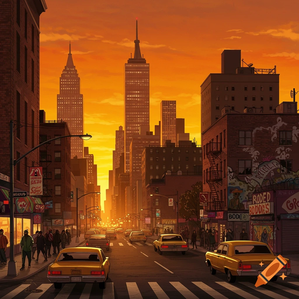 A stylized cityscape at sunset with tall buildings, yellow taxis on a street, and people walking on sidewalks, in a comic book art style.