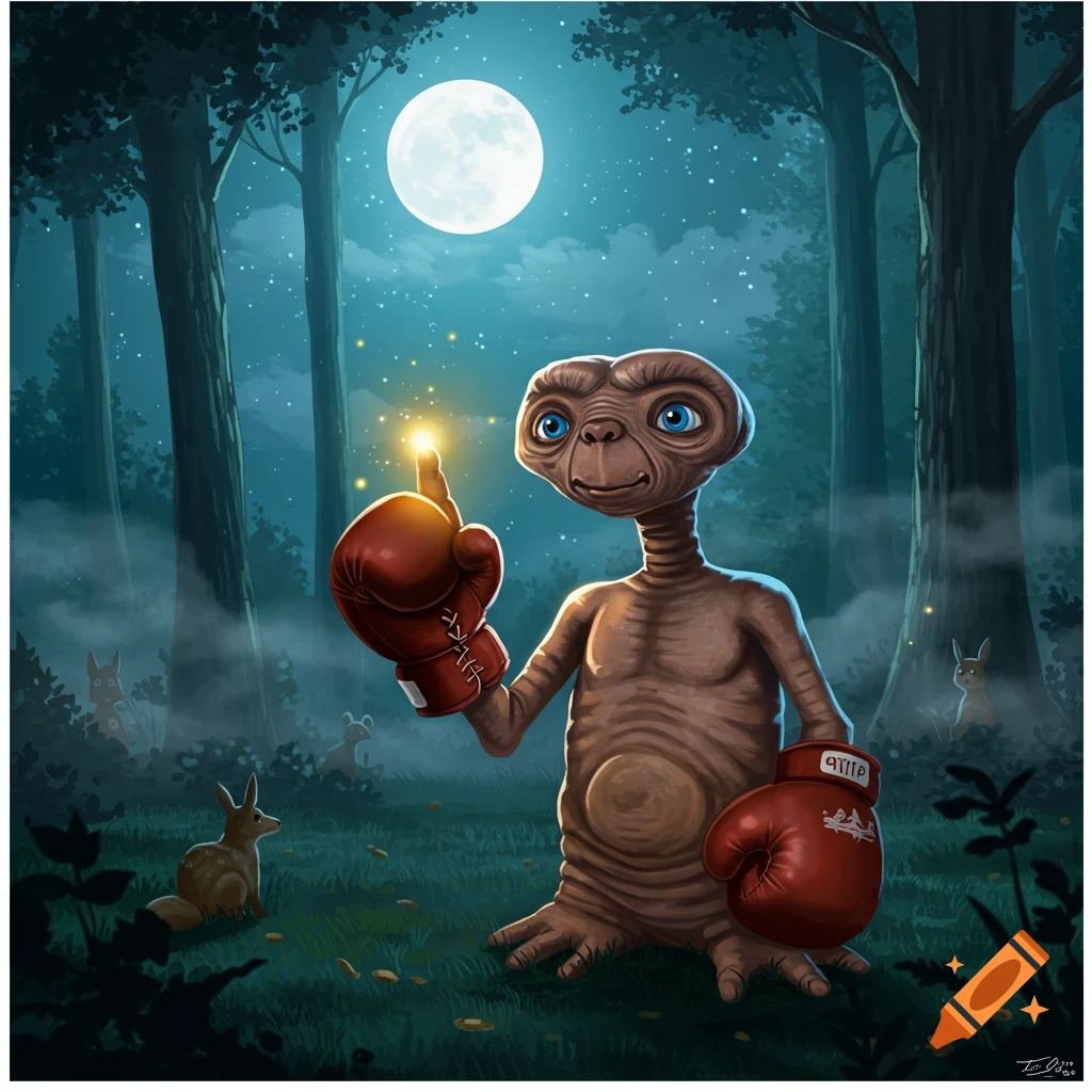 An illustration of E.T. in a dark forest under a full moon, wearing red boxing gloves. His finger glows as he points upwards.