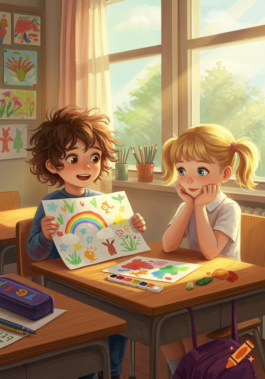 Colorful illustration of a boy showing his rainbow drawing to a girl in a sunny classroom.