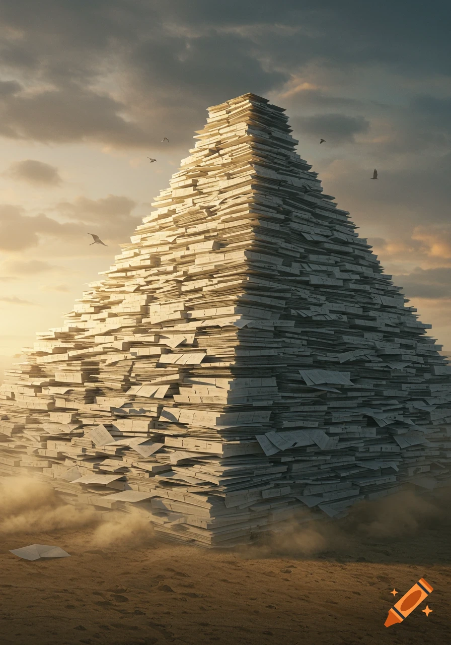 A massive pyramid structure made entirely of stacked paper files, set in a desolate landscape under a dramatic sky with birds flying.