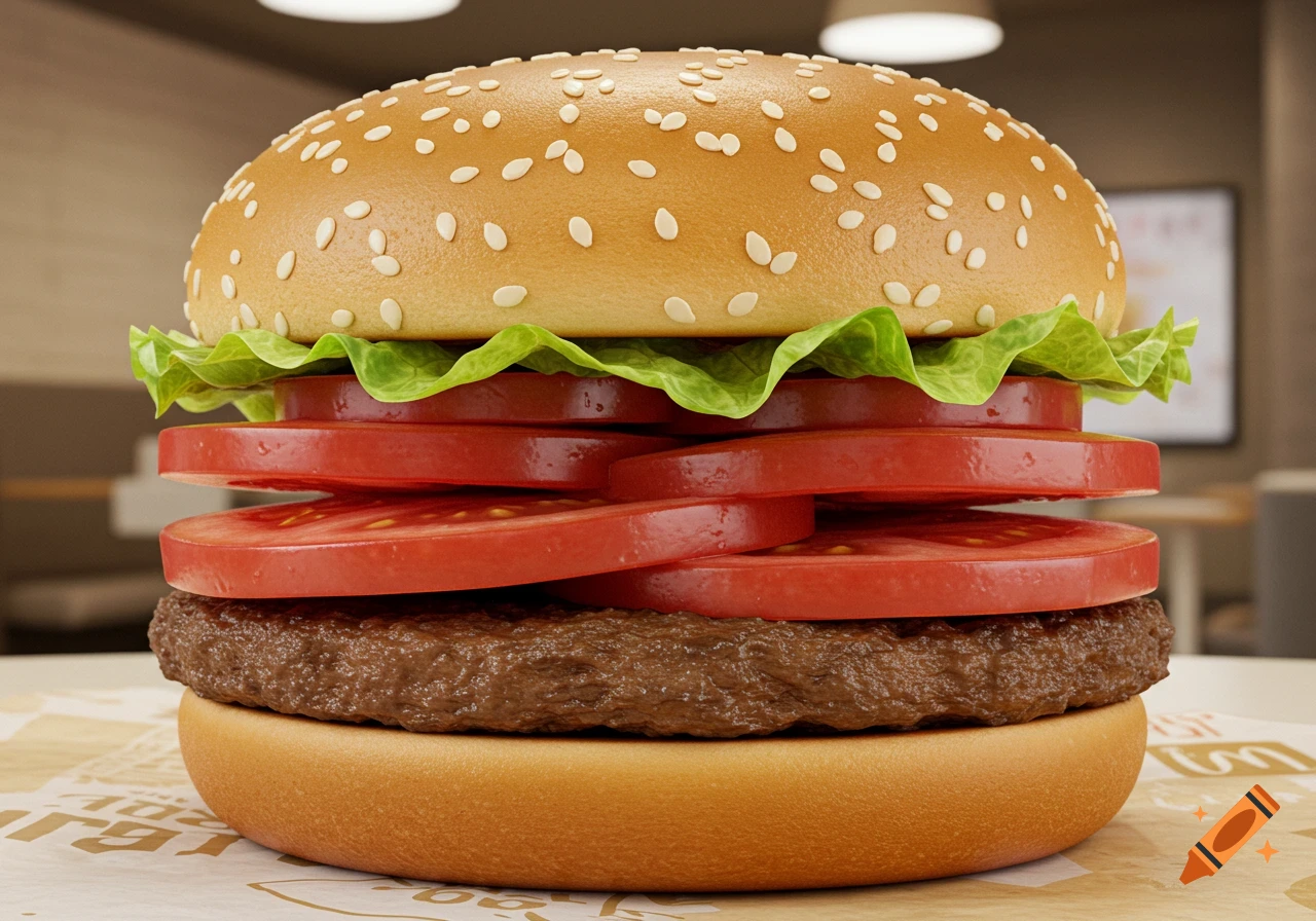 Photorealistic close-up of a tall hamburger with many tomato slices, lettuce, a patty, and sesame seed bun on a paper wrapper.
