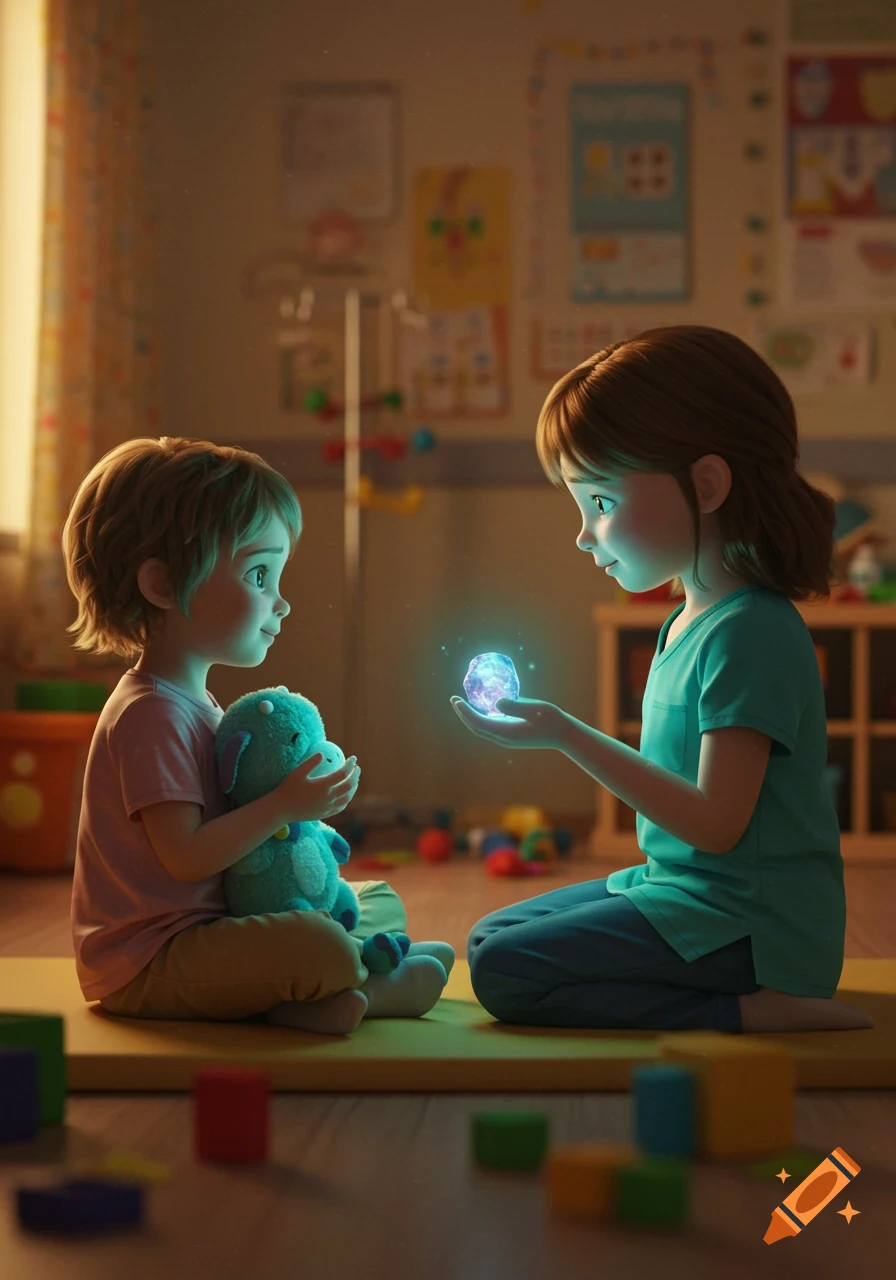 Two animated children on a mat, one holding a plush toy, the other a glowing orb, looking at each other in a softly lit room.