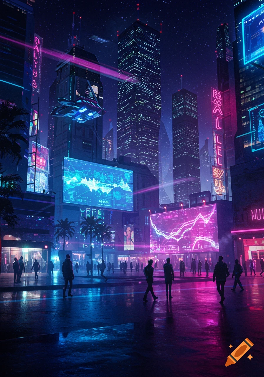 A vibrant cyberpunk city at night with towering skyscrapers, neon signs, glowing digital billboards, and people on a wet street reflecting the colorful lights.