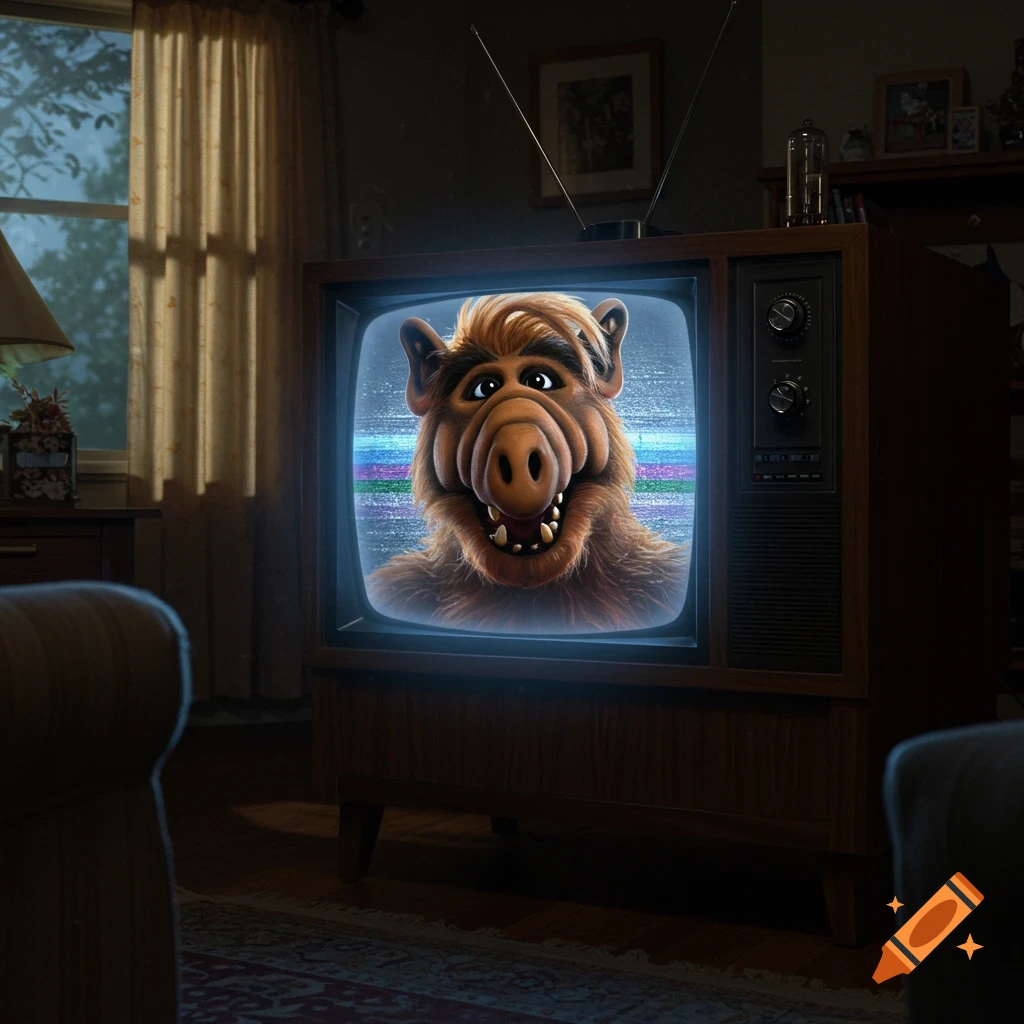 A photorealistic depiction of Alf, the furry alien, smiling from a static-filled screen of an old wooden television in a dim living room.