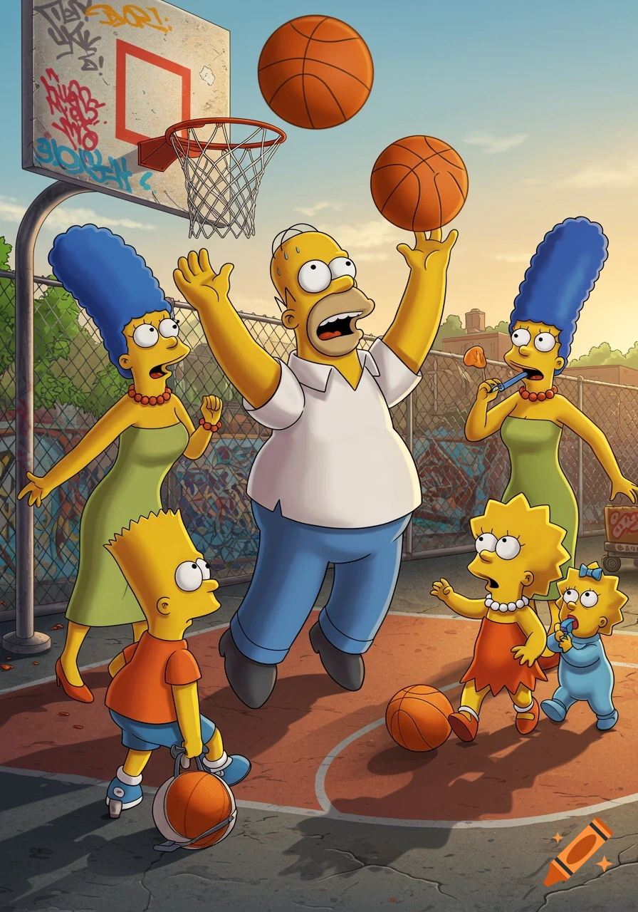 The Simpsons family playing basketball on an outdoor court. Homer is juggling two basketballs while Marge, Bart, Lisa, and Maggie watch.
