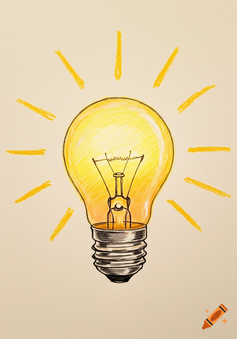 A simple 2D drawing of an illuminated lightbulb with crayon texture.