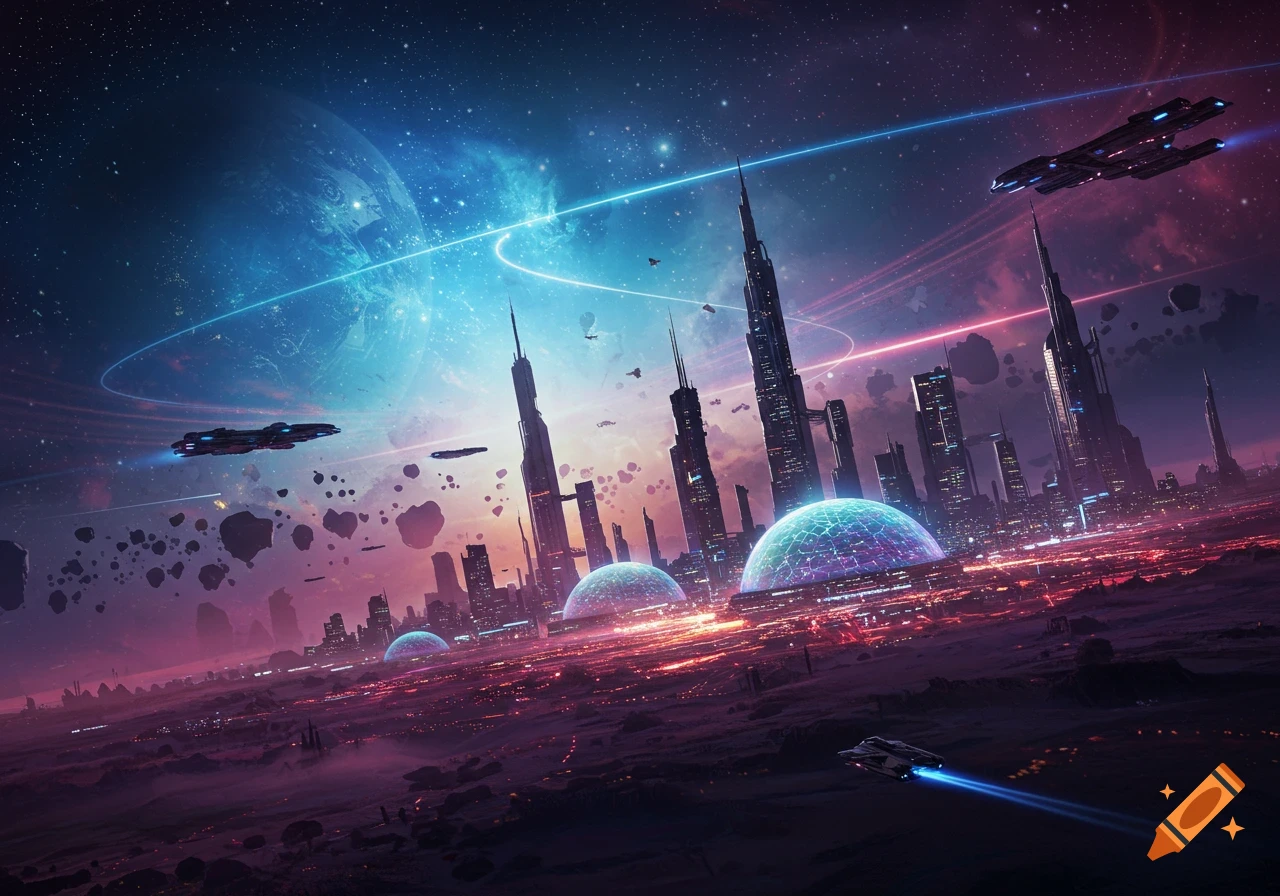 Vibrant panoramic view of a futuristic cityscape with towering skyscrapers, glowing domes, and spaceships under a starry alien sky.