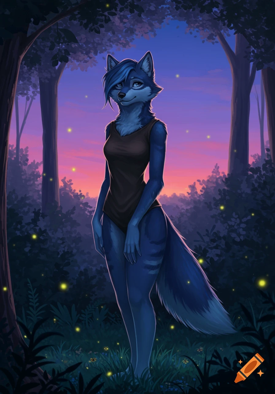 Blue anthropomorphic wolf girl standing in an enchanted forest at twilight with fireflies, digital art.