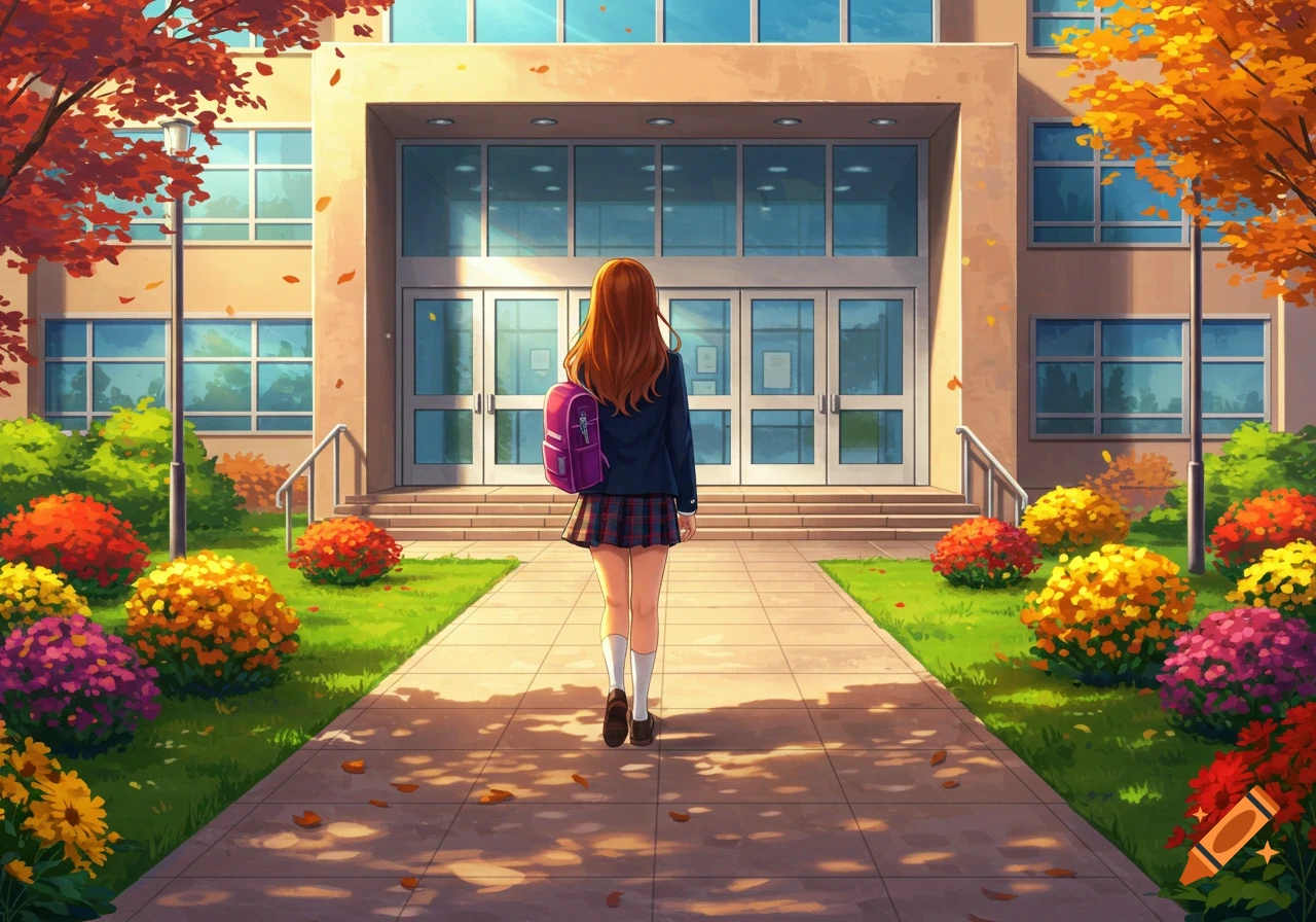 Anime schoolgirl with a pink backpack walks down a path towards a school building on an autumn day, surrounded by colorful bushes and trees.